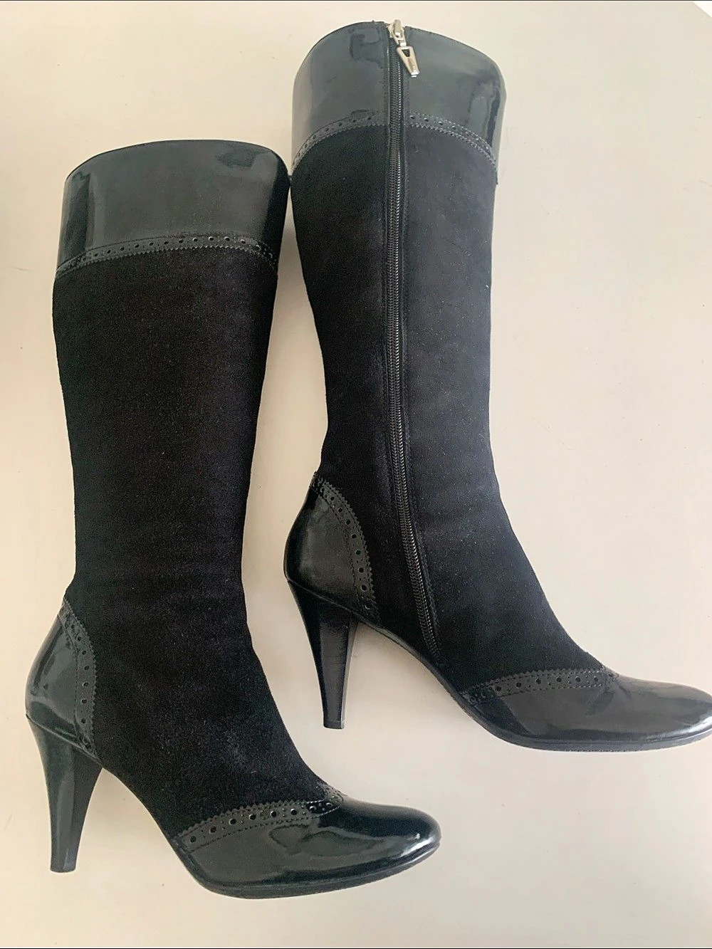 Tahari Maxie Suede & Patent Leather Knee-High Heeled wingtip Boots US 8M